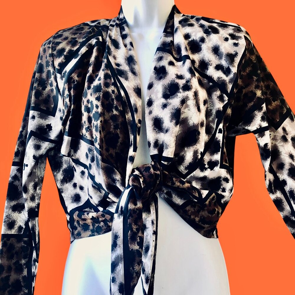 PURE SILK Vintage 80's Open Front Tie Waist Top Topper Jacket Animal Print